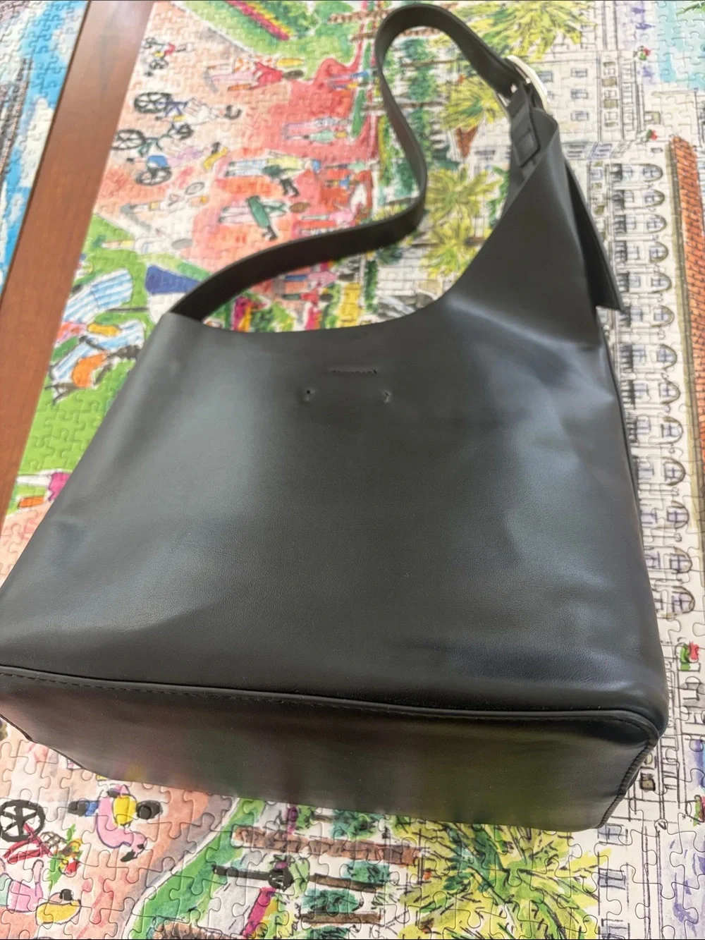 Black Asymmetrical  Shoulder Tote Bag with Silver Buckle